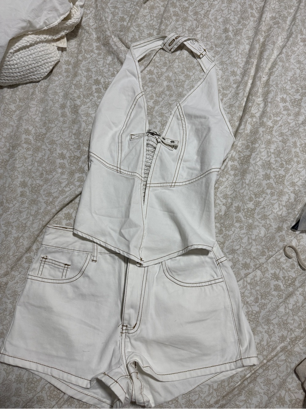SHEIN White High Waist Denim Shorts & Halter Top Set